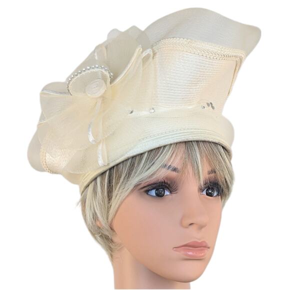 Vintage Ailuj Eugop Hat Ivory Upsweep Fascinator Woven Rhinestone Pearl Netting - Picture 3 of 12